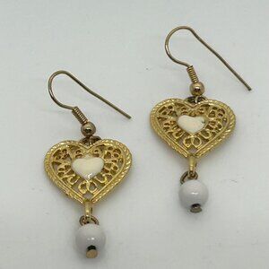 Vintage Gold-Tone Heart Drop Earrings With White Accents & Filigree Design